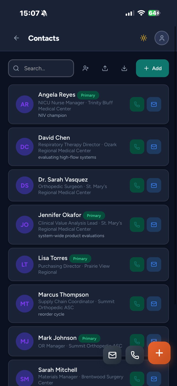The contacts list in Plat: each person shown with their job title and hospital, and call and email buttons alongside.