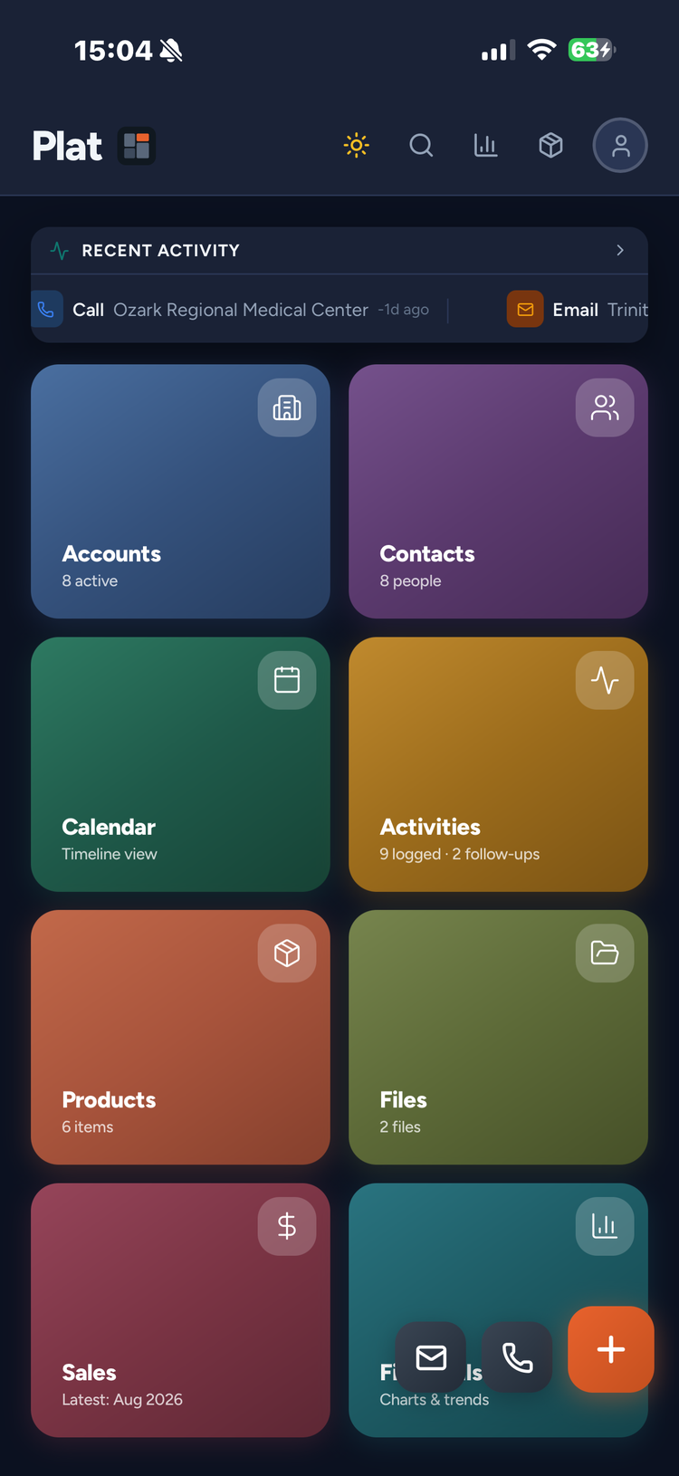 The Plat home screen on a phone: coloured tiles for Accounts, Contacts, Calendar, Activities, Products, Files, Sales and Financials, with a recent activity strip across the top.